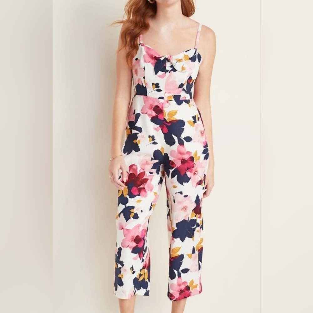 Old Navy Tie-front Linen Blend Cami Floral Jumpsuit‎ Size Small Tall